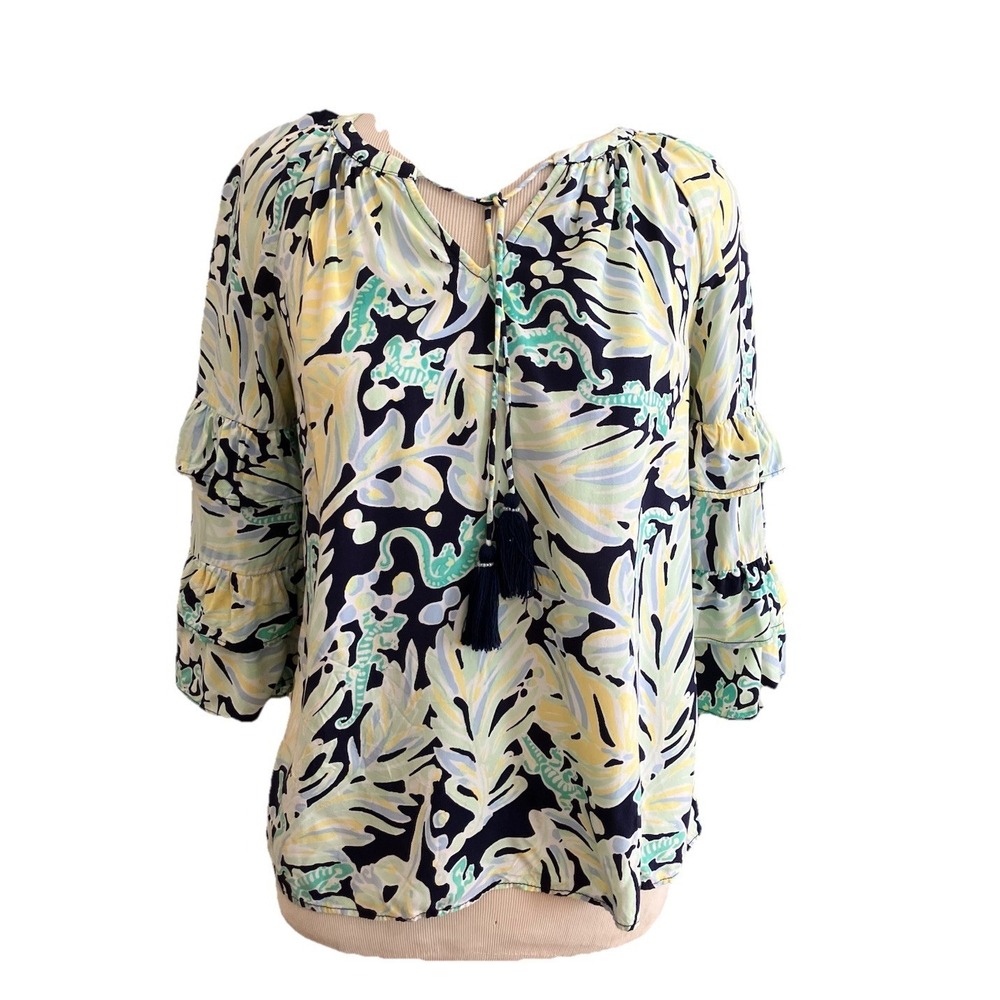 Crown And Ivy Shirt Size PS BLUE YELLOW Green Relaxed 3/4 Sleeve Women